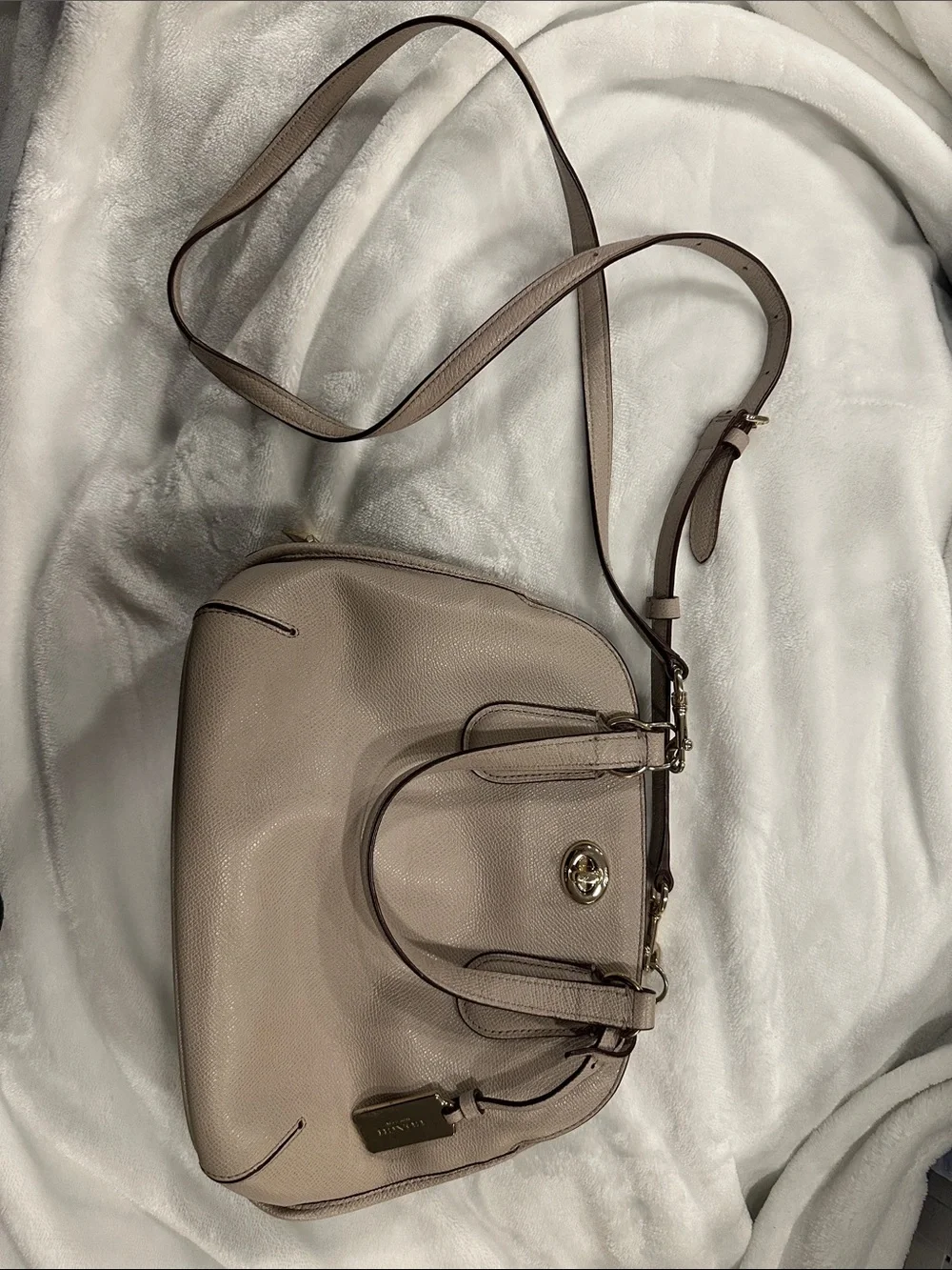 Coach Pebbled Leather Crossbody Satchel in Taupe Beige